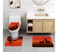 QRFASFZO Alfombra Baño 3 Piezas,Absorbente Alfombrillas baño de Pelo Largo y Alfombrillas para Inodoro,Antideslizante y Lavable,Caza, ilustración de Silueta de un Ciervo y una cierva en el Horizonte