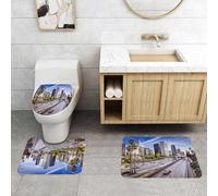 QRFASFZO Alfombra Baño 3 Piezas,Absorbente Alfombrillas baño de Pelo Largo y Alfombrillas para Inodoro,Antideslizante y Lavable,Paisaje Urbano de Los Ángeles con Rascacielos, Palmeras y una autopist