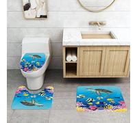 QRFASFZO Alfombra Baño 3 Piezas,Absorbente Alfombrillas baño de Pelo Largo y Alfombrillas para Inodoro,Antideslizante y Lavable,Escena del océano, Tortuga Nadando Entre Coloridos Peces Tropicales y
