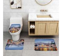 QRFASFZO Alfombra Baño 3 Piezas,Absorbente Alfombrillas baño de Pelo Largo y Alfombrillas para Inodoro,Antideslizante y Lavable,Ciudad, Colorido Paisaje Urbano de Arquitectura a lo Largo de la orill