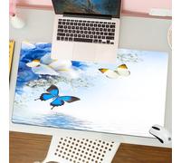 QRFASFZO Alfombrilla Ratón,XXL 80x30 cm Mouse Pad Grande Gaming, Alfombrilla Antideslizante,Tapete Escritorio con Bordes Cosidos,Fleurs sauvages Florales,Bleues et Blanches Avec Des Papillons monarqu
