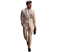 Qrkoda Hombre Traje de Lino 2 Piezas Casual Diario Playa Boda Fiesta Chaqueta y Pantalón