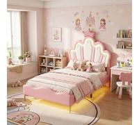 QSFCUB Cama infantil de 90 x 190 cm, con forma de corona de princesas con somier de láminas, cama para niña con cabecero ajustable, cama tapizada individual para niñas adolescentes, poliuretano, sin