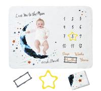QSLKI Manta Meses Bebé, Personalizada Unisex para Baby Shower, Temática Luna, Tarjetas De Hitos, Regalo Personalizado De Nacimiento, Suave Y Gruesa, Incluye Marcos, 120x100cm