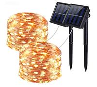 QSPORTPEAK【2 Packs Luces Solares LED Exterior Jardín, 12M 100LED Guirnaldas Luces Exterior Solar,8 Modos de Luz a Prueba de Agua Cadena de Luces LED Solares Jardín para Fiesta/Navidad(Blanco Cálido)
