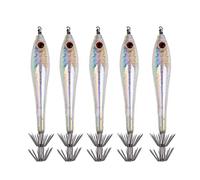 QSTDGVPW 5 Piezas Señuelo de Pesca Cebo Artificial Anzuelo Metálico Cuerpo Rígido Brillo Nocturno y Ojos 3D Adecuado para Pescar Calamar Pulpo Choco Agua, Blanco