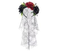 Qsvbeeqj Diadema ajustable con velo de Halloween con calavera realista y motivos florales oscuros para fiestas temáticas punk. Use diadema de calavera de Halloween con velo