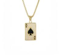 QSYJCCXD Collar de póquer de acero inoxidable chapado en oro con diamantes engastados de espadas A póquer para hombre, cadena de 60 cm