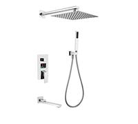 QSYJCCXD Digüe de Ducha de Pantalla Digital Juego de Ducha de baño montada en la Pared Juego de Grifo con Cabeza de Ducha, Ducha de Mano, bañera, Caja incrustada, Cromo, 12 Pulgadas