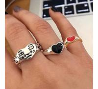 QSYJCCXD Fashion Black Red Love Ring Fun Cartoon Sad Face Tear Drop Love Heart Ann Ring Retro Open Article Anillo de 3 piezas Conjunto de 3 piezas