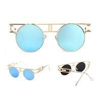 QSYJCCXD Gafas de sol retro de gran tamaño para hombre, estilo steampunk, con espejo, redondas, vintage, UV400, C2 dorado y azul, Talla única