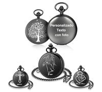 QSZ Reloj de Bolsillo Personalizado con Foto Texto Grabados Reloj de Bolsillo Vintage con Cadena Hombre Abuelo Esposo Hijo Padre Padrinos de Boda (Versión con Icono Personalizado)