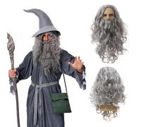 QSZHSL Peluca de Mago en Gris Oscuro en Set con Barba, Peluca con Barba Larga Peluca Gris para Fiesta de Disfraces, Wizard Peluca y Barba Larga Halloween Mago Cosplay Peluca con Barba Larga