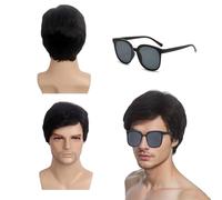 QSZHSL Peluca Hombres, Peluca Negra Corta para Hombre, Pelo Corto Pelucas Hombre 70s 80s Peluca Negra Hombres, Accesorios Hippies, Peluca de Disco Peluca Corta para Fiesta Halloween Disfraz Cosplay