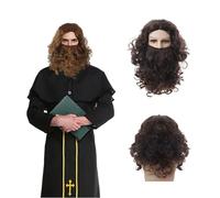 QSZHSL Peluca y Barba Jesús Adulto, Peluca Hombre Adulto con Barba Larga para Fiesta de Disfraces, Larga Pelucas Rizada Marrón Oscuro Hagrid Mago Disfraces para Hombre Noel Halloween Carnaval (Marrón)