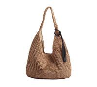 QTKJ Bolso de Hombro Grande de Paja Suave Tejido a Mano Con Borlas Negras Boho de Ratán - Estilo Retro para Verano y Playa