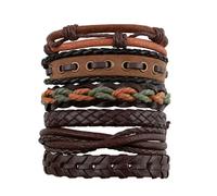 QTMMC 6 pulseras de cuero para hombre, ajustables, punk, trenzadas, de cuerdas, personalizables, a la moda, pulseras multicapa, vintage, para hombres y mujeres, color marrón, talla única, Cuero, No es
