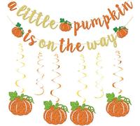 Qttier A Little Pumpkin Is on The Way Banner, pancarta de baby shower con decoraciones de remolinos colgantes de calabaza, decoraciones de fiesta temática de otoño para Acción de Gracias, revelación