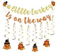 Qttier A Little Turkey Is on The Way Banner con decoraciones colgantes de pavo, decoraciones de fiesta de cumpleaños de Acción de Gracias para revelación de género de otoño, primer cumpleaños, baby