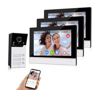QTTYELOK 1080P HD WiFi Kit Sistema de Intercomunicación de Timbre Visual Cámara con 3 Monitores de Color 7'', para 3 Apartamentos/Hogares, 120° Visión Nocturna IR, Tuya App, Grabación