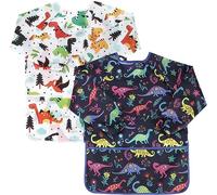 Qtuie Delantal para Pintura 2Pcs Impermeable con Mangas y 3 Bolsillos Tela - Delantal Infantil para Artes y Manualidades de Cocina 3-7 Años (Dino)