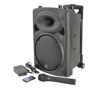 QTX, QR10BT PA: potente PA portátil con conectividad Bluetooth, un micrófono inalámbrico, batería recargable interna, mango de carrito y ruedas
