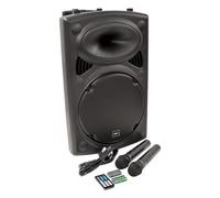 QTX, QR12BT PA: potente PA portátil con conectividad Bluetooth, dos micrófonos inalámbricos, batería recargable interna, mango de carrito y ruedas