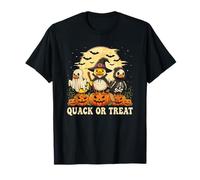 Quack Or Treat Funny Duck Halloween Bruja Fantasma y Esqueleto Camiseta