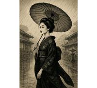 Quaderno a Righe Giappone Vintage - Elegante Geisha con Ombrello sotto la Pioggia e Pagoda Tradizionale - Taccuino Artistico Stile Retrò per ... Perfetto per Amanti della Cultura Giapponese