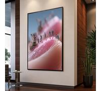 Quadro in miniatura raffigurante operai su tela rosa, macroarte creativa da parete, scena surreale, decorazione unica per la casa, stampa moderna su tela (70x100 cm/cornice interna)