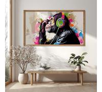 Quadro su tela con gorilla in stile graffiti street art, poster divertenti con animali per la decorazione della casa, grande ritratto di animale in stile pop art da parete (80x120 cm/cornice interna)