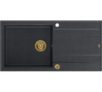 QUADRON Fregadero de cocina Negro + Dorado | tamaño 100 x 50 x 21 cm | fregadero de granito EVAN 146 XL fregadero de un seno | con sifón manual y escurridor | fregadero de encastre de 1 seno