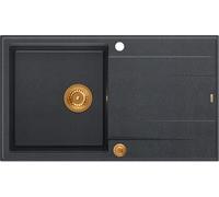 QUADRON fregadero de cocina negro y cobre | tamaño 86 x 50 x 21 cm | fregadero de granito EVAN 111 fregadero de un seno | con sifón manual y escurridor | fregadero de encastre de 1 seno