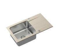 QUADRON Fregadero Beige | tamaño 78 x 44 cm | fregadero EDWARD de acero inoxidable de un seno con cubeta de acero | fregadero de granito con sifón manual y tapón de rosca | con escurridor