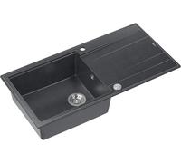QUADRON Fregadero de cocina de acero y negro | tamaño 100 x 50 x 21cm | fregadero de granito EVAN 146 XL fregadero de un seno | con sifón manual y escurridor | fregadero empotrable de 1 seno