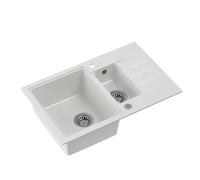 QUADRON Fregadero de cocina de doble cuenca, tamaño 78 x 50 x 20 cm, color blanco y acero, granito PETER 156, fregadero doble, armario bajo a partir de 60 cm