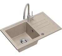 QUADRON Fregadero de cocina de granito, dimensiones: 70 x 44 x 17,5 cm, color: beige, BEN 111 Set Fregadero de un seno: Fregadero de granito + grifo flexible de cocina beige/acero + sifón