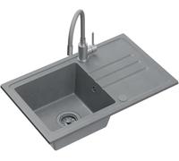 QUADRON Fregadero de cocina de granito, dimensiones: 70 x 44 x 17,5 cm, color: gris, BEN 111 Set Fregadero de un seno: Fregadero de granito + grifo flexible de cocina gris/acero + sifón
