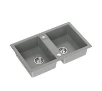 QUADRON Fregadero de cocina de granito, dimensiones: 78 x 48 x 17,5 cm, color: gris, DENZEL 120 Fregadero de cocina de un solo seno, fregadero de cocina de 2 senos, con sifón manual