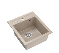 QUADRON Fregadero de cocina de granito | tamaño 50 x 43 x 20,3 cm, beige y acero | JOHNNY 100 Fregadero de una cubeta | Fregadero encastrado con orificio para grifo | fregadero de 1 seno