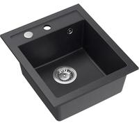 QUADRON Fregadero de cocina de granito | tamaño 50 x 43 x 20,3 cm, negro y acero | JOHNNY 100 Fregadero de una cubeta | Fregadero encastrado con orificio para grifo | fregadero de 1 seno
