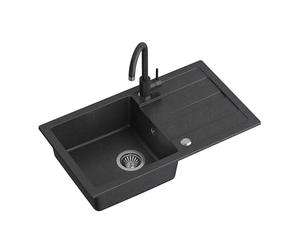 QUADRON Fregadero de cocina de granito, tamaño 77 x 44 x 17,6 cm, negro, fregadero de granito GO MAX, fregadero empotrable con grifo de cocina, fregadero de cocina de un solo tazón
