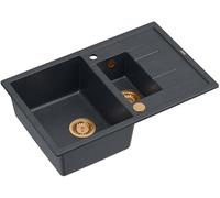 QUADRON fregadero de cocina negro fregadero de granito | tamaño 78 x 50 x 22 cm, negro y cobre | MORGAN 116 fregadero de cocina de dos cubetas con escurridor | con orificio para grifo