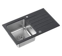 QUADRON fregadero de cocina negro | tamaño 78 x 48 cm | fregadero de acero inoxidable KENNETH 111 fregadero de granito y acero inoxidable | con sifón y tapón de rosca | con escurridor
