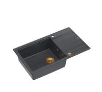 QUADRON fregadero de cocina negro y cobre | tamaño 86 x 50 x 21 cm | fregadero de granito EVAN 136 XL fregadero de un seno | con sifón manual y escurridor | fregadero de encastre de 1 seno