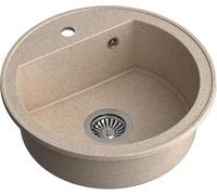 QUADRON fregadero de cocina redondo | tamaño 51 x 51 x 18 cm, diámetro 43, beige y acero | fregadero de granito JOHNNY 210 | fregadero empotrado con orificio para grifo | fregadero de un seno