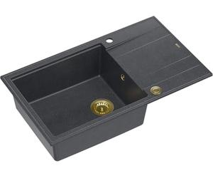 QUADRON Fregadero de cocina | tamaño 86 x 50 x 21 cm Negro + Dorado | fregadero de granito EVAN 136 XL fregadero de un seno | con sifón manual y escurridor | fregadero de encastre de 1 seno