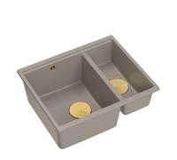 QUADRON fregadero de doble seno Fregadero de cocina | tamaño 55,5 x 46 x 22 cm, Soft Taupe + Golden | LOGAN 150 granito fregadero de granito | mueble bajo a partir de 60 cm | fregadero empotrado