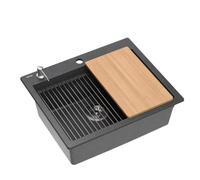 QUADRON fregadero de granito cocina | tamaño 59,5 x 50 x 21,5 cm, color: negro | KURT 110 fregadero empotrado | fregadero de un seno | juego: dosificador, tabla de madera, Qmata, sifón