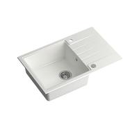 QUADRON Fregadero de granito de 1 cubo, 78 x 50 x 20 cm, color blanco y acero, PETER 111 fregadero de cocina, fregadero de granito con sifón y escurridor manual